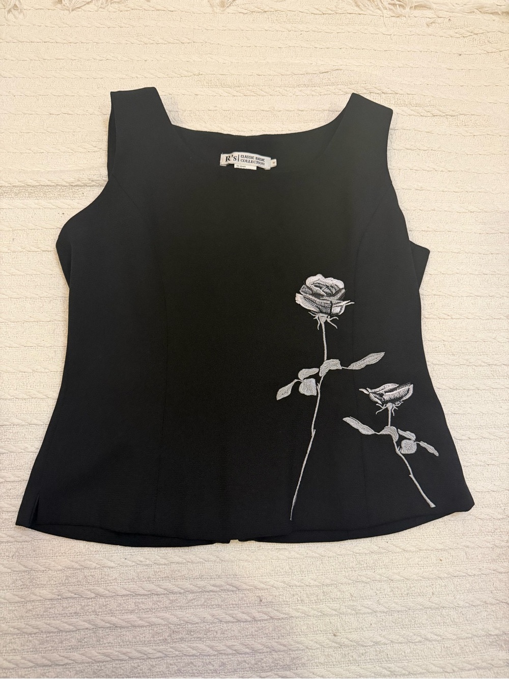 Black Sleeveless Camisole with White Rose Embroidery